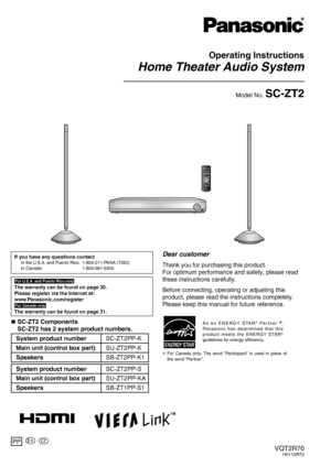 Page 1Operating Instructions
Home Theater Audio System
Model No. SC-ZT2
VQT2R70H0110RT0
Dear customer
Thank you for purchasing this product.
For optimum performance and safety, please read 
these instructions carefully.
Before connecting, operating or adjusting this 
product, please read the instructions completely.
Please keep this manual for future reference.
PP
For U.S.A. and Puerto Rico only
The warranty can be found on page 30.
Please register via the Internet at:
www.Panasonic.com/register
For Canada...