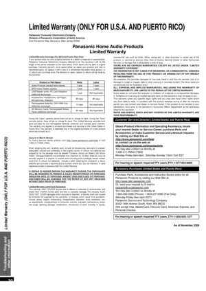 Page 30VQT2R70
30
Limited Warranty (ONLY FOR U.S.A. AND PUERTO RICO)
Limited Warranty (ONLY FOR U.S.A. AND PUERTO RICO)
Panasonic Consumer Electronics Company,
Division of Panasonic Corporation of North America
One Panasonic Way, Secaucus, New Jersey 07094
Panasonic Home Audio ProductsLimited Warranty
Limited Warranty Coverage (For USA and Puerto Rico Only)
If your product does not work properly because of a defect in materials or workmanship, 
Panasonic Consumer Electronics Company (referred to as “the...