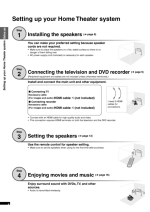 Page 4VQT2R70
4
Installing the speakers (➜  page 8)
Step
1
You can make your preferred setting because speaker 
cords are not required.
•  Make sure to place the speakers on a flat, stable surface so there is no 
danger of them falling over.
•  AC power supply cord (included) is necessary for each speaker.
Connecting the television and DVD recorder ( ➜  page 9)
(Peripheral equipment and cables are not included unless otherwise mentioned.)
Step
2
Enjoying movies and music (
➜  page 16)
Enjoy surround sound with...