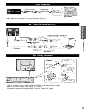 Page 1313
Getting started
 Connections
  Audio connection
DIGITAL 
AUDIO INe.g. Amplifier Audio equipment
 
●For HDMI-ARC (Audio Return Channel) connection, see p. 32 Optical cable
  PC / Computer connection (VGA)
  Cable Binding Instructions
To attachhole
Insert
To bundle
To remove
To loosen Keep pushing 
both sides till 
they snap Snaps
Set
hooks knobKeep pushing 
the knob
Cable clamper
 
●Do not bundle the Antenna cable and AC cord together (could cause distorted image). 
●Fasten the cables with the Cable...