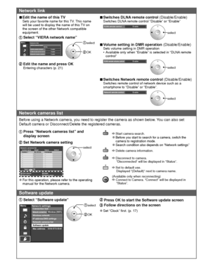 Page 4242
Network link
 
■Edit the name of this TVSets your favorite name for this TV. This name 
will be used to display the name of this TV on 
the screen of the other Network compatible 
equipment.
 Select “VIERA network name”
MenuNetwork linkVIERA network nameDLNA remote controlEnable VIERA
DLNA remote volume controlEnable Network remote controlEnable 
 select
 OK
  Edit the name and press OKEntering characters (p. 21)
 
■Switches DLNA remote control (Disable/Enable)Switches DLNA remote control “Disable” or...