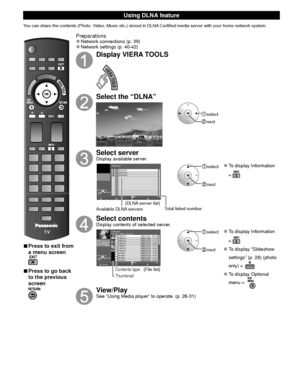 Page 4444
Using  DLNA feature
You can share the contents (Photo, Video, Music etc.) stored in DLNA Certified media server with your home network system.
 
■Press to exit from 
a menu screen
 
■Press to go back 
to the previous 
screen
Preparations 
●Network connections (p. 39)  
●Network settings (p. 40-42)
Display VIERA TOOLS
Select the “DLNA”
 select
 next
Select serverDisplay available server.
DLNA server
 
RETURN
SERVER1
A5g SERVER2
SERVER3
3Info
OK
Select
SUB
MENU
Available DLNA servers Total listed...