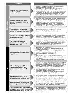 Page 6262
QuestionsAnswers
Networking 
3D
How do I get VIERA Connect to 
work on my TV?
1.  You need a broadband (high speed) Internet service with a 
speed of no less than 1.5 Mbps (p. 39).
2. 
Connect the TV to the Internet through your router by an 
Ethernet cable or a Panasonic Wireless LAN Adapter (included).
3.  Run the “Connections Test”, under the Network Settings menu. If Connection test fails, then check with your Internet service 
provider or router/modem manufacturer if there are firewall, 
content...