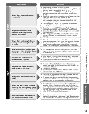 Page 6161
Support Information
QuestionsAnswers
Sound Other
 Frequently Asked Questions (FAQ)
Why is there no sound coming 
from the TV?
  Make sure the volume is up and MUTE is off.   Confirm the TV speakers are set to ON by pressing MENU and 
selecting “Audio” --> “Advanced audio”. (p. 51)
  Check that the correct SAP (Secondary Audio Program) is selected by pressing the SAP button on the remote control. 
(p. 19)
  If the TV is connected to a Panasonic Home Theater via HDMI cable, then check VIERA Link...