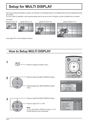 Page 342/2Setup 
Screensaver 
MULTI DISPLAY Setup 
Setup TIMER Portrait Setup
PRESENT TIME Setup
× 2  MULTI DISPLAY Setup 
Horizontal Scale Off 
A1
Off
AI-synchronization Vertical Scale 
LocationOff
Seam hides video× 2 
MULTI DISPLAY Setup 
34
Press to display the Setup menu.
Press to select the MULTI DISPLAY Setup.
Press to display the “MULTI DISPLAY Setup” 
menu.
Press to select the MULTI DISPLAY Setup.
Press to select “On” or “Off”.
How to Setup MULTI DISPLAY
1
2
3
Setup for MULTI DISPLAY
By lining up Plasma...