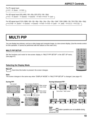 Page 1919
ASPECT Controls
You can display two pictures, such as a video image and computer image, in a two-screen display. (Use the remote control 
for this operation. It cannot be performed with the buttons on the main unit.)
MULTI PIP SETUP
Set the functions and mode for two-screen display in “MULTI PIP SETUP” in the SET UP menu.
(see page 47)
Selecting the Display Mode
 
Each time this button is pressed, the screen changes.
 
Note:
The screen changes in the same way when “DISPLAY MODE” in “MULTI PIP SETUP”...
