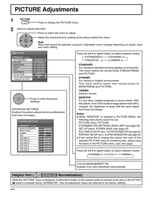 Page 28BLACK EXTENSION 
AGC  GAMMA  INPUT LEVEL 
ADVANCED SETTINGS 
NORMAL NORMALIZE 
W/B LOW B W/B HIGH R
W/B LOW R
W/B LOW G W/B HIGH G
W/B HIGH B0
0
2.2
0
0 0
0
0
0OFF
25 
0 
0 
0 
5 
PICTURE 
NORMAL NORMALIZE STANDARD 
BRIGHTNESS 
SHARPNESS  PICTURE MENU 
COLOR  PICTURE 
TINT 
COLOR MANAGEMENTADVANCED SETTINGS
COLOR TEMPNORMAL
OFF
28
PICTURE Adjustments
1
ADVANCED SETTINGS
Enables ﬁ ne picture adjustment at a professional 
level (see next page).Press to enter Advanced 
Settings.
While the “PICTURE” menu is...