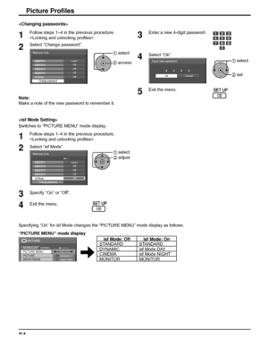 Page 3434
Picture Proﬁ les
Note:
Make a note of the new password to remember it. 
1Follow steps 1–4 in the previous procedure, 
. 
2Select “Change password”. 
Memory lock
Off
Change password
MEMORY3OffMEMORY4
Lock1MEMORY1OffMEMORY2
isf ModeOff
1 select
2 access

3Enter a new 4-digit password. 
4Select “Ok”. 
OkCancel
Input new password1 select
2 set
5Exit the menu.

Switches to “PICTURE MENU” mode display. 
1Follow steps 1–4 in the previous procedure, 
. 
2Select “isf Mode”.
Memory lock
Off
Change password...