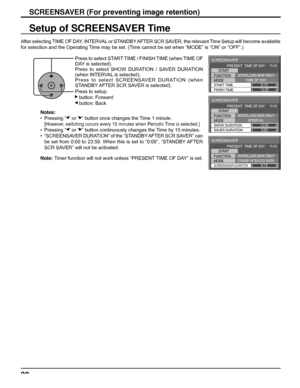 Page 38SCREENSAVER 
START 
FUNCTION 
MODE 
FINISH TIME  START TIME SCROLLING BAR ONLY
TIME OF DAY 
6:15 
12:30  PRESENT  TIME OF DAY    15:00
SCREENSAVER 
START 
FUNCTION 
MODE 
SAVER DURATION  SHOW DURATION SCROLLING BAR ONLY
INTERVAL 
12:00
3:00 PRESENT  TIME OF DAY    15:00
SCREENSAVER 
START 
FUNCTION 
MODE 
SCREENSAVER DURATION
SCROLLING BAR ONLYSTANDBY AFTER SCR SAVER6:15  PRESENT  TIME OF DAY    15:00
38
SCREENSAVER (For preventing image retention)
Setup of SCREENSAVER Time
After selecting TIME OF DAY,...