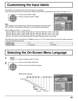 Page 431/2
PC
OFF
STANDBY SAVE
OFFPOWER MANAGEMENTOFF
AUTO POWER OFF
OFF
OSD LANGUAGEENGLISH (
US) COMPONENT/RGB-IN SELECT
RGB
INPUT LABELSIGNAL
SCREENSAVER
EXTENDED LIFE SETTINGS
POWER SAVE
SET UP
1/2
SIGNAL
PC
OFF
STANDBY SAVEOFF
POWER MANAGEMENTOFF
AUTO POWER OFF
OFF
OSD LANGUAGEENGLISH (
US) COMPONENT/RGB-IN SELECT
RGB
INPUT LABEL
POWER SAVE
SET UP
SCREENSAVER
EXTENDED LIFE SETTINGS
43
Press to select INPUT LABEL.
Press to change the INPUT LABEL.  This function can change the label of the Input signal to be...