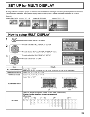Page 452/2 SET UP
MULTI DISPLAY SETUP
SET UP TIMER
PRESENT TIME SETUP
DISPLAY ORIENTATIONLANDSCAPE
MULTI PIP SETUPPORTRAIT SETUP
× 2  MULTI DISPLAY SETUP 
HORIZONTAL SCALE OFF 
A1
OFF
AI-SYNCHRONIZATION VERTICAL SCALE 
LOCATIONOFF
SEAM HIDES VIDEO× 2 
MULTI DISPLAY SETUP 
45
By lining up Plasma Displays in groups, for example, as illustrated below, an enlarged picture may be displayed across all screens.
For this mode of operation, each plasma display has to be set up with a Display number to determine its...