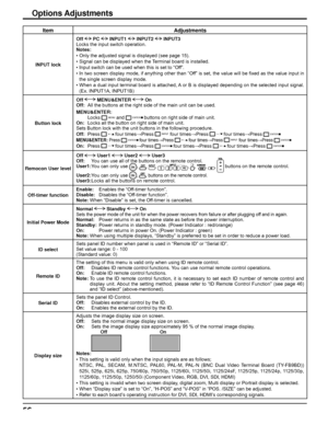 Page 5656
Item Adjustments
INPUT lockOff 
 PC  INPUT1  INPUT2  INPUT3
Locks the input switch operation.
Notes:
• Only the adjusted signal is displayed (see page 15).
• Signal can be displayed when the Terminal board is installed.
• Input switch can be used when this is set to “Off”.
• In two screen display mode, if anything other than “Off” is set, the value will be ﬁ xed as the value input in 
the single screen display mode.
• When a dual input terminal board is attached, A or B is displayed depending on the...