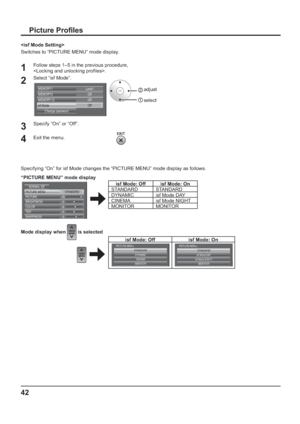 Page 4242
Picture Pro les

Switches to “PICTURE MENU” mode display. 
1Follow steps 1–5 in the previous procedure, 
. 
2Select “isf Mode”.
Lock1
Change password MEMORY1
Off Off MEMORY2
MEMORY12
Off isf Mode2   adjust
1  select
3Specify “On” or “Off”. 
4Exit the menu.
      
Specifying “On” for isf Mode changes the “PICTURE MENU” mode display as follows. 
“PICTURE MENU” mode display
STANDARD PICTURE MENU
25
0
5 PICTURENORMAL IZE
BRIGHTNESS
6 COLOR
0 TINT
SHARPNESS
                          
isf Mode: Off isf...