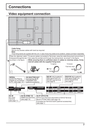 Page 137
Connections
Video equipment connection
12
Pass the attached cable 
  xing band through the clip 
as shown in the  gure.To secure cables connected to Terminals, wrap the cable  xing band around them 
then pass the pointed end through the locking block, as shown in the  gure.
While ensuring there is suf cient slack in cables to minimize stress,  rmly 
bind all cables with the supplied  xing band.
To tighten: To loosen:
Pull
Pull Push the catch
  Cable  xing
  Secure any excess cables with band as...