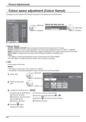 Page 3428
2  access
1  select
Colour Gamut
Colour GamutNative
Select the item and set.
Colour space adjustment (Colour Gamut)
Changes the colour space to BT.709 signal standard chromaticity point and  ne-tunes it.
2   change
1   select
  Colour Gamut
DIGITAL CINEMA COLOUR: Sets color gamut to reproduce the original color of movies.
Custom:  Enables the colour space adjustment, the colour space adjustment set in the “EDIT” is re ected.
Native: Disables the colour space adjustment, images are displayed in the...