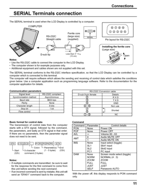 Page 1111
Connections
SERIAL Terminals connection
Notes:
•  Use the RS-232C cable to connect the computer to the LCD Display.
•  The computer shown is for example purposes only.
•  Additional equipment and cables shown are not supplied with this set.
The SERIAL terminal conforms to the RS-232C interface speciﬁ cation, so that the LCD Display can be controlled by a 
computer which is connected to this terminal.
The computer will require software which allows the sending and receiving of control data which satisﬁ...