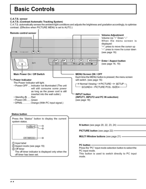 Page 1414
INPUT MENU ENTER/+/ VOL-/
TH-32LHD7
Main Power On / Off Switch
Power Indicator
The Power Indicator will light.
• Power-OFF .... Indicator not illuminated (The unit 
will still consume some power 
as long as the power cord is still 
inserted into the wall outlet.)
• Standby 
    ..... Red
• Power-ON ...... Green
• DPMS ............. Orange (With PC input signal.)Volume Adjustment
Volume Up “+” Down “–” 
When the menu screen is 
displayed:
“+” : press to move the cursor up 
“–” : press to move the...