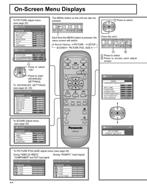 Page 1616
DISPLAY
INPUT
SURROUND
VOL
NR
PICTURE
SOUNDSET UP
ASPECT PICTURE
POS. /SIZE
OFF TIMER
PC
MULTI
PIPSWAPSELECTMOVEZOOM
Normal Viewing PICTURE SETUP
SOUNDPICTURE POS. /SIZE
On-Screen Menu Displays
The MENU button on the unit can also be 
pressed.
Each time the MENU button is pressed, the 
menu screen will switch.
0
0
0
0
0
0
2.2 W/B LOW B BLACK EXTENSION
W/B HIGH B
W/B LOW R
AGC GAMMA INPUT LEVEL
W/B HIGH R
ADVANCED SETTINGS
NORMALNORMALIZE
OFF
0
0
0
SOUND
NORMALNORMALIZESTANDARD
OFF TREBLE AUDIO MENU...