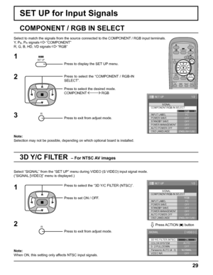 Page 2929
SET UP for Input Signals
3D Y/C FILTER  – For NTSC AV images
COMPONENT / RGB IN SELECT
Select to match the signals from the source connected to the COMPONENT / RGB input terminals.
Y,  P
B, PR signals   “COMPONENT”
R, G, B, HD, VD signals   “RGB”
Press to display the SET UP menu.
Press to select the “COMPONENT / RGB-IN 
SELECT”.
Press to select the desired mode.
COMPONENT  RGB
Press to exit from adjust mode.
Select “SIGNAL” from the “SET UP” menu during VIDEO (S VIDEO) input signal mode.
(“SIGNAL...