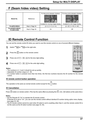 Page 3737
Setup for MULTI DISPLAY
ID Remote Control Function
You can set the remote control ID when you want to use this remote control on one of several different displays.
1
2
3Switch  to  on the right side.
Press the 
 button on the remote control.
Press one of 
 - ,  for the tens digit setting.
Press one of 
 - ,  for the units digit setting. 4
Notes:
•  The numbers in 2, 3 and 4 should be set up quickly.
•  Adjustable ID number range is 0 - 99.
•  If a number button is pressed more than two times, the ﬁ...