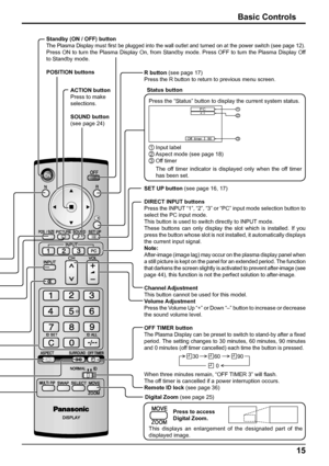 Page 1515 Basic Controls
Standby (ON / OFF) button
The Plasma Display must ﬁ rst be plugged into the wall outlet and turned on at the power switch (see page 12).
Press ON to turn the Plasma Display On, from Standby mode. Press OFF to turn the Plasma Display Off 
to Standby mode.
POSITION buttons
SET UP button (see page 16, 17)
DIRECT INPUT buttons
Press the INPUT “1”, “2”, “3” or “PC” input mode selection button to 
select the PC input mode.
This button is used to switch directly to INPUT mode.
These buttons...