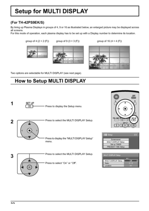 Page 3232
Setup for MULTI DISPLAY
By lining up Plasma Displays in groups of 4, 9 or 16 as illustrated below, an enlarged picture may be displayed across 
all screens.
For this mode of operation, each plasma display has to be set up with a Display number to determine its location. 
group of 4 (2 × 2 (F)) group of 9 (3 × 3 (F)) group of 16 (4 × 4 (F))
How to Setup MULTI DISPLAY
Press to select the MULTI DISPLAY Setup.
Press to display the “MULTI DISPLAY Setup” 
menu.
1
2
3
Press to select the MULTI DISPLAY...