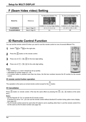 Page 3636
Setup for MULTI DISPLAY
ID Remote Control Function
You can set the remote control ID when you want to use this remote control on one of several different TVs.
1
2
3Switch  to  on the right side.
Press the 
 button on the remote control.
Press one of 
 - ,  for the tens digit setting.
Press one of 
 - ,  for the units digit setting. 4
Notes:
•  The numbers in 2, 3 and 4 should be set up quickly.
•  Adjustable ID number range is 0 - 99.
•  If a number button is pressed more than two times, the ﬁ rst two...