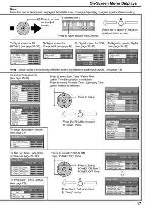 Page 17Sync
P-NR
Signal
Auto
H-Freq.
V-Freq.kHz
Hz33.8
60.0
[ 
RGB ]
Cinema realityOff
OffCinema reality
P-NR
Signal
Off
Off
[ 
Component ]
3D Y/C Filter (NTSC)
Colour system
Signal
On
Auto
Cinema reality
Panasonic Auto (4 : 3)Off
4 : 3
[ 
AV  ]
P-NR
Off
Set up TIMER
POWER OFF Function
POWER OFF Time POWER ON Time POWER ON FunctionOff
0:00
Off
0:00 PRESENT  TIME    10:00
Set up TIMER
POWER OFF Function
POWER OFF Time POWER ON Time POWER ON FunctionOn
12:00
On
18:00 PRESENT  TIME    10:00
Set up TIMER
POWER OFF...