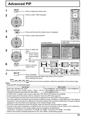 Page 21Options 
On Weekly Command Timer Onscreen display Off Initial INPUT Initial VOL level 
1/3 
 
Off  Off 
0  0 Maximum VOL level Off INPUT lock Off Button lock Off Remocon User level Off Advanced PIP 
1/3Options
Off-timer function
INPUT lock
Studio W/B
Advanced PIP
Display size Initial VOL level
Maximum VOL level Initial INPUT Onscreen display
Off
Off
Off
Off Enable
On
Off
0
Off Off
0
21
Advanced PIP
1
2
3
5Press to display the Setup menu.
Press to select “OSD Language”.
4
6
One screen  Advanced PIP
Main...