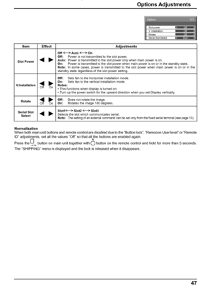 Page 473/3Options
Off
Off
Off V. lnstallation
Rotate
Slot1 Serial Slot Select Slot power
Normalization
When both main unit buttons and remote control are disabled due to the “Button lock”, “Remocon User level” or “Remote 
ID” adjustments, set all the values “Off” so that all the buttons are enabled again.
Press the 
 button on main unit together with  button on the remote control and hold for more than 5 seconds. 
The “SHIPPING” menu is displayed and the lock is released when it disappears.
47
Item Effect...