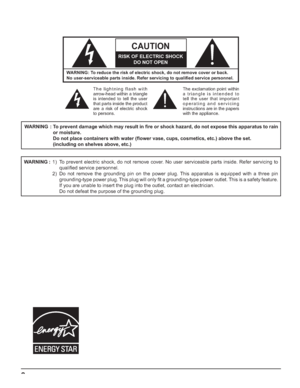 Page 22
WARNING: To reduce the risk of electric shock, do not remove cover or back.
No user-serviceable parts inside. Refer servicing to qualiﬁ ed service personnel.
The lightning flash with 
arrow-head within a triangle 
is in tended to tell the user 
that parts inside the product 
are a risk of electric shock 
to per sons.The exclamation point within 
a triangle is intended to 
tell the user that important 
operating and servicing 
instructions are in the papers 
with the ap pliance.
CAUTION
RISK OF ELECTRIC...