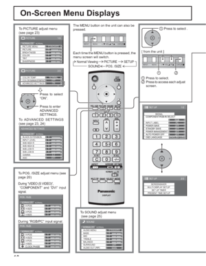 Page 1616
Normal Viewing PICTURESETUP
SOUNDPOS. /SIZE
On-Screen Menu Displays
The MENU button on the unit can also be 
pressed.
Each time the MENU button is pressed, the 
menu screen will switch.
0
0
0
0
0
0
2.2 W/B LOW B BLACK EXTENSION
W/B HIGH B
W/B LOW R
AGC GAMMA INPUT LEVEL
W/B HIGH R
ADVANCED SETTINGS
NORMALNORMALIZE
OFF
To PICTURE adjust menu
(see page 23)
To ADVANCED SETTINGS
(see page 23, 24)Press to select 
“ON”.
Press to enter 
ADVANCED 
SETTINGS.
1/2
PC
OFF
STANDBY SAVE
OFF
POWER MANAGEMENTOFF
AUTO...