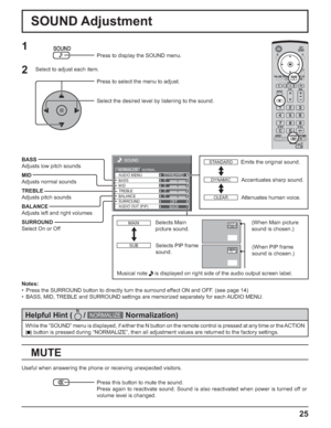 Page 2525
0
0
0
SOUND
NORMALNORMALIZESTANDARD
OFF TREBLE AUDIO MENU
BALANCE BASS
0
MID
SURROUND
MAIN AUDIO OUT (PIP)
SOUND Adjustment
MUTE
BASS
Adjusts low pitch sounds
MID
Adjusts normal sounds
TREBLE
Adjusts pitch sounds
BALANCE
Adjusts left and right volumes
SURROUND
Select On or Off
Notes:
• Press the SURROUND button to directly turn the surround effect ON and OFF. (see page 14)
• BASS, MID, TREBLE and SURROUND settings are memorized separately for each AUDIO MENU.
1
Press to display the SOUND menu.
Press...