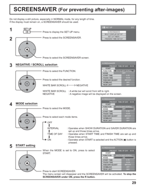 Page 2929
Do not display a still picture, especially in NORMAL mode, for any length of time.
If the display must remain on, a SCREENSAVER should be used.
NEGATIVE / SCROLL selection
2
3 1
4
Press to display the SET UP menu.
Press to select the SCREENSAVER.
Press to select the SCREENSAVER screen.
Press to select the FUNCTION.
Press to select the desired function.
WHITE BAR SCROLL  NEGATIVE 
WHITE BAR SCROLL  : A white bar will scroll from left to right.
NEGATIVE    : A negative image will be displayed on the...