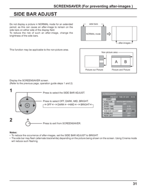 Page 3131
SIDE BAR ADJUST
1
Press to select the SIDE BAR ADJUST.
Press to select OFF, DARK, MID, BRIGHT.
Press to exit from SCREENSAVER.
2
Do not display a picture in NORMAL mode for an extended 
period, as this can cause an after-image to remain on the 
side bars on either side of the display ﬁ eld.
To reduce the risk of such an after-image, change the 
brightness of the side bars. 
Display the SCREENSAVER screen.
(Refer to the previous page, operation guide steps 1 and 2)
Notes:
•  To reduce the occurrence of...