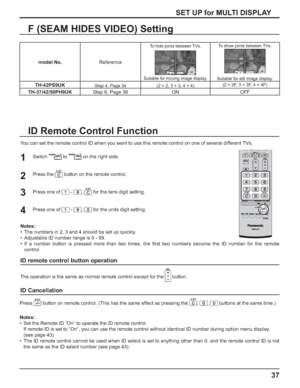 Page 3737
SET UP for MULTI DISPLAY
ID Remote Control Function
You can set the remote control ID when you want to use this remote control on one of several different TVs.
1
2
3Switch to  on the right side.
Press the 
 button on the remote control.
Press one of 
 - , for the tens digit setting.
Press one of 
 - , for the units digit setting. 4
Notes:
•  The numbers in 2, 3 and 4 should be set up quickly.
•  Adjustable ID number range is 0 - 99.
• If a number button is pressed more than two times, the ﬁ rst two...