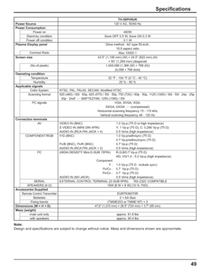 Page 4949
Speciﬁ cations
TH-50PH9UK
Power Source 120 V AC, 50/60 Hz
Power Consumption
Power on 460W
Stand-by condition Save OFF 0.5 W, Save ON 0.3 W
Power off condition 0.1 W
Plasma Display panelDrive method : AC type 50-inch,
16:9 aspect ratio
Contrast Ratio
Max 10000:1
Screen size43.5” (1,106 mm) (W) × 24.5” (622 mm) (H) 
× 50” (1,269 mm) (diagonal)
(No.of pixels) 1,049,088 (1,366 (W) × 768 (H))
[4,098 × 768 dots]
Operating condition
Temperature 32 °F - 104 °F (0 °C - 40 °C)
Humidity 20 % - 80 %
Applicable...