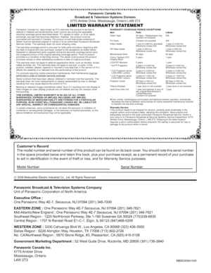 Page 51MBS0306A1046
Panasonic Broadcast & Television Systems Company
Unit of Panasonic Corporation of North America
Executive Ofﬁ ce :
One Panasonic Way 4E-7, Secaucus, NJ 07094 (201) 348-7000
EASTERN ZONE : One Panasonic Way 4E-7 Secaucus, NJ 07094 (201) 348-7621
Mid-Atlantic/New England : One Panasonic Way 4E-7 Secaucus, NJ 07094 (201) 348-7621
Southeast Region : 1225 Northbrook Parkway, Ste 1-160 Suwanee GA 30024 (770)338-6835
Central Region : 1707 N Randall Road E1-C-1, Elgin, IL 60123 (847)468-5200
WESTERN...