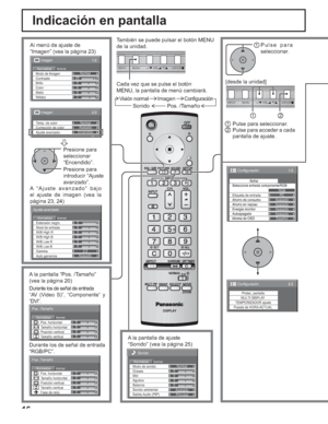 Page 6616
Indicación en pantalla
También se puede pulsar el botón MENU 
de la unidad.
Cada vez que se pulse el botón
MENU, la pantalla de menú cambiará.
NormalNormalizar
0
0
0
0
0
0
2.2
Apagado W/B Low B W/B High B
W/B Low R
Auto ganancia Gamma Extensión negro
Nivel de entrada
W/B High R
Ajuste avanzado
Al menú de ajuste de
“Imagen” (vea la página 23)
A “Ajuste avanzado” bajo 
el ajuste de imagen (vea la 
página 23, 24)Presione para
seleccionar
“Encendido”.
Presione para
introducir “Ajuste
avanzado”.
1/2
Señal...