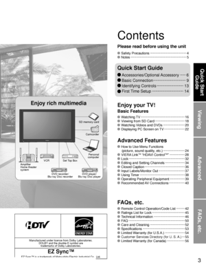 Page 33
Viewing
Advanced
FAQs, etc.
Quick Start Guide
Manufactured under license from Dolby Laboratories. DOLBY and the double-D symbol are trademarks of Dolby Laboratories.
EZ Sync™
EZ Sync™ is a trademark of Matsushita Electric Industrial Co., Ltd.
 Watching TV ··················\
··················\
··········· 16
 Viewing from SD Card ··················\
·············· 18
 Watching Videos and DVDs ··················\
····· 20
 Displaying PC Screen on TV ··················\
···· 22
 How to Use Menu...