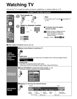 Page 1616
Watching TV
Connect the TV to a cable box/cable, set-top-box, satellite box, or antenna cable (\
p. 9-12)
To watch TV and other functions
■ Other Useful Functions (Operate after )
SUBMENU
Turn power on
POWER
(TV)
or
Note
 If the mode is not TV, press  and select TV. 
(p. 20)
Select a channel number
up
down
or
■ To directly input the digital 
channel number
When tuning to a digital channel, 
press the button to enter the 
minor number in a compound 
channel number.
example:  CH15-1: 
   
(TV)
Listen...