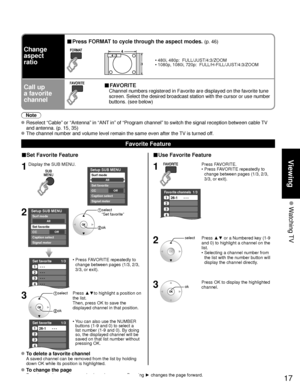 Page 1717
Viewing
 Watching TV
■Set Favorite Feature
1Display the SUB MENU.
SUBMENU
Setup SUB MENU
Surf mode
Set favorite
OffCC
Caption select
Signal meter
All
2Setup SUB MENU
Surf mode
Set favorite
OffCC
Caption select
Signal meter
All
 select 
 “Set favorite”
 ok
Set favorite 1/3
1
2
3
---
---
---
---
4
•  Press FAVORITE repeatedly to  change between pages (1/3, 2/3, 
3/3, or exit). 
3 select 
 ok
Press ▲▼ to highlight a position on 
the list. 
Then, press OK to save the 
displayed channel in that position....