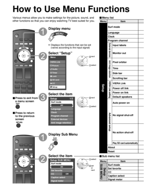 Page 2626
MenuItem
Setup
Surf mode
Language
Clock
Program channel
External devices 
Input labels
Monitor out
Anti Image retention
Pixel orbiter
Time
Side bar
Scrolling bar
VIERA Link setting
VIERA Link
Power off link
Power on link
Default speakers
Advanced setup
Auto power on
No signal shut-off
No action shut-off
Play SD card automatically
About
Reset
MenuItem
Setup 
SUB MENUSurf mode
Set favorite
CC
Caption select
Signal meter
How to Use Menu Functions 
■ Menu list
■ Sub menu list
Various menus allow you to...