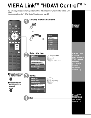 Page 3030
VIERA Link
TM
 “HDAVI Control
TM
” 
You can enjoy more convenient operation with the “HDAVI Control” function in the “VIERA Link” 
menu.
For more details on the “HDAVI Control” function, refer to p. 28
SUBMENU
■ Press to exit from 
a menu screen
■ Press to return 
to the previous 
screen
Display VIERA Link menu
Menu
Audio
Lock
SD card Timer Picture
VIERA Link
or
Select the item
Record now
Stop recording
Speaker output
TV
VIERA Link control
Recorder
 select
 set or next
Select
Record now
Stop...