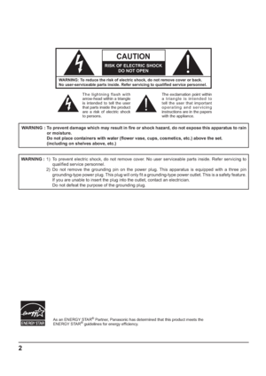 Page 22
WARNING: To reduce the risk of electric shock, do not remove cover or back.
No user-serviceable parts inside. Refer servicing to quali ed service personnel.
The lightning flash with 
arrow-head within a triangle 
is in tend ed to tell the user 
that parts inside the product 
are a risk of electric shock 
to per sons.The exclamation point within 
a triangle is intended to 
tell the user that important 
operating and servicing 
instructions are in the papers 
with the ap pli ance.
CAUTION 
RISK OF...