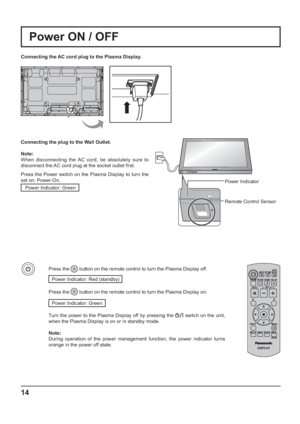 Page 14INPUT MENU ENTER/+/ VOL-/
14
Power Indicator
Remote Control Sensor
Power ON / OFF
Connecting the AC cord plug to the Plasma Display.
Connecting the plug to the Wall Outlet.
Note: 
When disconnecting the AC cord, be absolutely sure to 
disconnect the AC cord plug at the socket outlet  rst.
Press the Power switch on the Plasma Display to turn the 
set on: Power-On.
Power Indicator: Green
Press the  button on the remote control to turn the Plasma Display off.
Power Indicator: Red (standby) 
Press the...