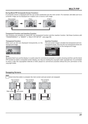 Page 2121
MULTI PIP
Swapping Screens
 
Each time this button is pressed, the main screen and sub screen are swapped.
Two screens
(P AND  P)
Main screen Sub screen
Two screens
(P OUT P)Two screens
(P IN P)
During Blend PIP (Composite Screen Function) :
A composite picture is displayed with the sub screen positioned over the main screen. For example, text data such as a 
computer image can be displayed as a caption over a movie or still image.
One screen FULL P IN P
Transparent Function and Insertion Function
Two...