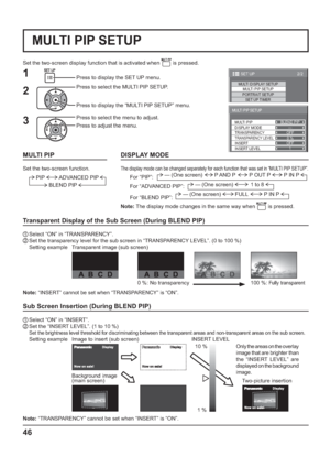 Page 46— MULTI PIP
DISPLAY MODEBLEND PIP
 OFF 
1
INSERT LEVEL TRANSPARENCY
INSERT0 %
TRANSPARENCY LEVELOFF
MULTI PIP SETUP
2/2 SET UP
MULTI DISPLAY SETUP
SET UP TIMERMULTI PIP SETUPPORTRAIT SETUP
46
MULTI PIP SETUP
Set the two-screen display function that is activated when  is pressed.
Press to select the MULTI PIP SETUP.
Press to display the “MULTI PIP SETUP” menu. Press to display the SET UP menu.
1
2
3
Press to select the menu to adjust.
Press to adjust the menu.
Sub Screen Insertion (During BLEND PIP)
1...