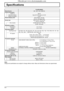 Page 5454
Speciﬁ cations
TH-42PS10RK/S
Power Source 220 - 240  V AC, 50/60 Hz
Power Consumption
Power on 280 W
Stand-by condition Save off 0.8 W, Save on 0.6 W
Power off condition 0.2 W
Plasma Display panelDrive method : AC type
42-inch, 16:9 aspect ratio
Screen size920 mm (W) × 518 mm (H) 
× 1,056 mm (diagonal)
(No.of pixels) 408,960 (852 (W) × 480 (H))
[2,556 × 480 dots]
Operating condition
Temperature 0 °C - 40 °C
Humidity 20 % - 80 %
Applicable signals
Scanning format 525 (480) / 60i · 60p, 625 (575) / 50i...