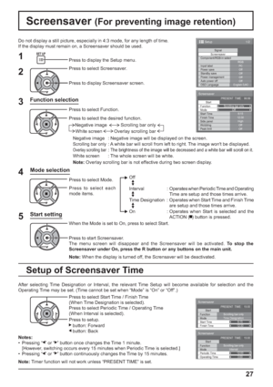 Page 27Screensaver 
Start 
Function 
Side panel 
Wobbling 
Peak limit  Finish Time  Start Time Scrolling bar only
ModeOff
6:15 
12:30 
High 
Off 
Off  PRESENT  TIME    99:99 
Screensaver 
Start 
Function 
Mode 
Finish Time  Start Time Scrolling bar only
Time Designation 
6:15 
12:30  PRESENT  TIME    15:00
Screensaver 
Start 
Function 
Mode 
Operating Time  Periodic Time Scrolling bar only
Interval 
12:00
3:00 PRESENT  TIME    15:00
1/2 
Signal Screensaver
PC
Off
Standby save
Off
Power management
Off
Auto power...